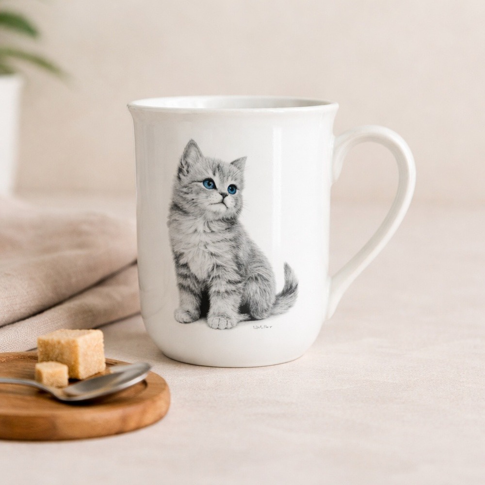 OTAGIRI Japan Gray Cat Kitten Blue Eyes Coffee Mug Vintage Collectable Kitty